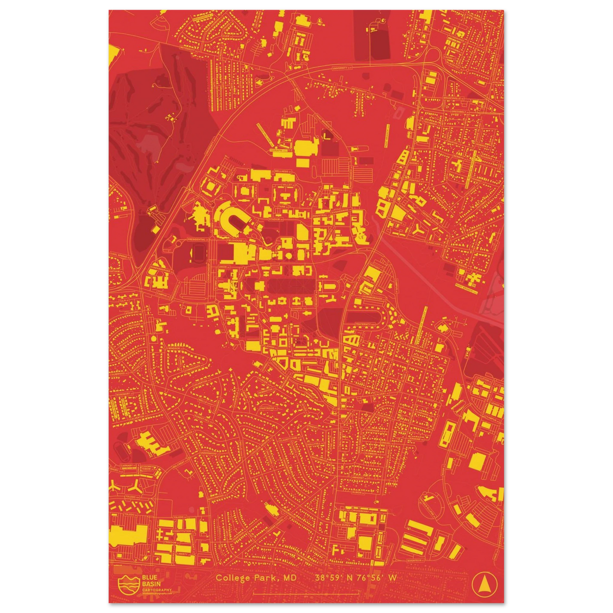 Campus map print of the University of Maryland in College Park, MD