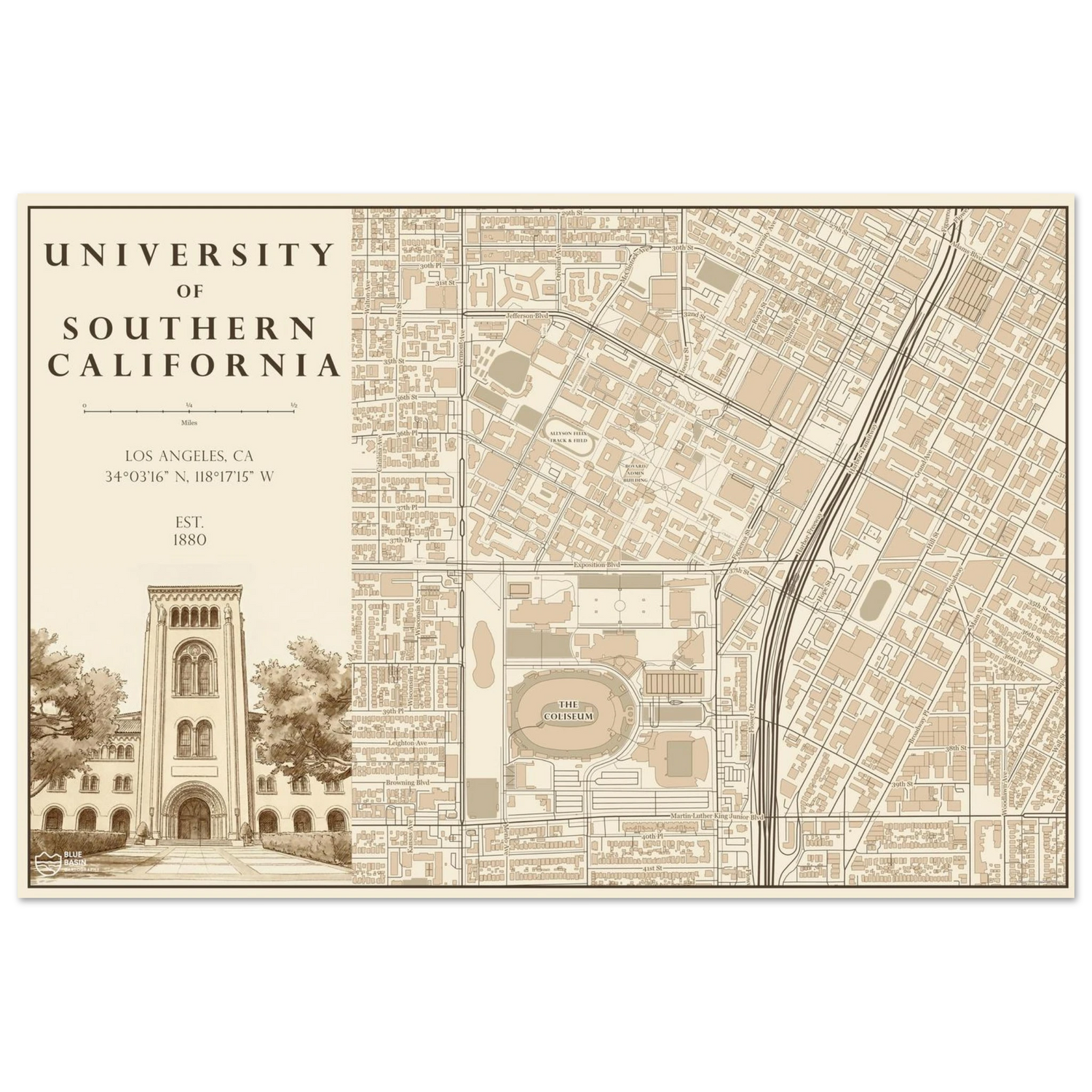USC alumni map art print in vintage ink style