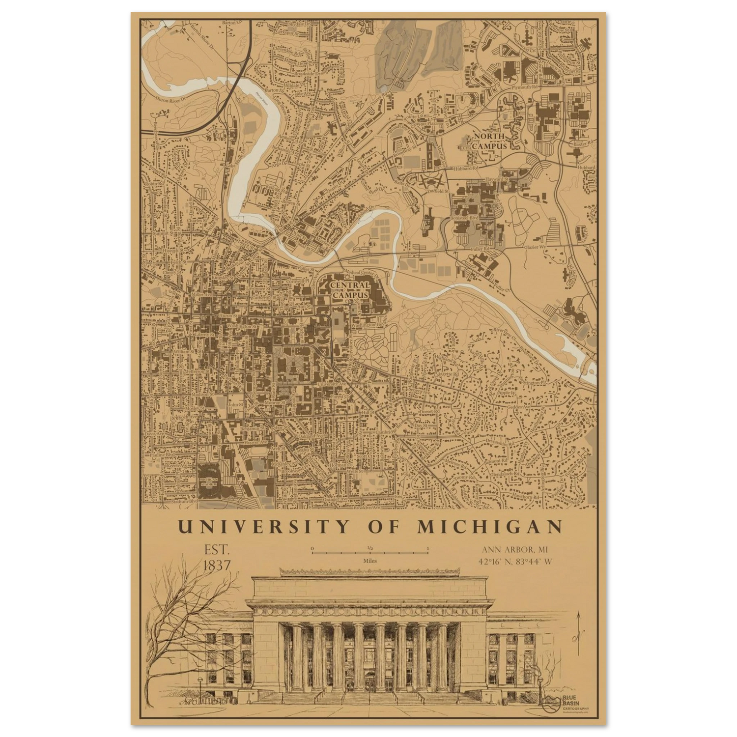 University of Michigan alumni map art print in vintage ink style