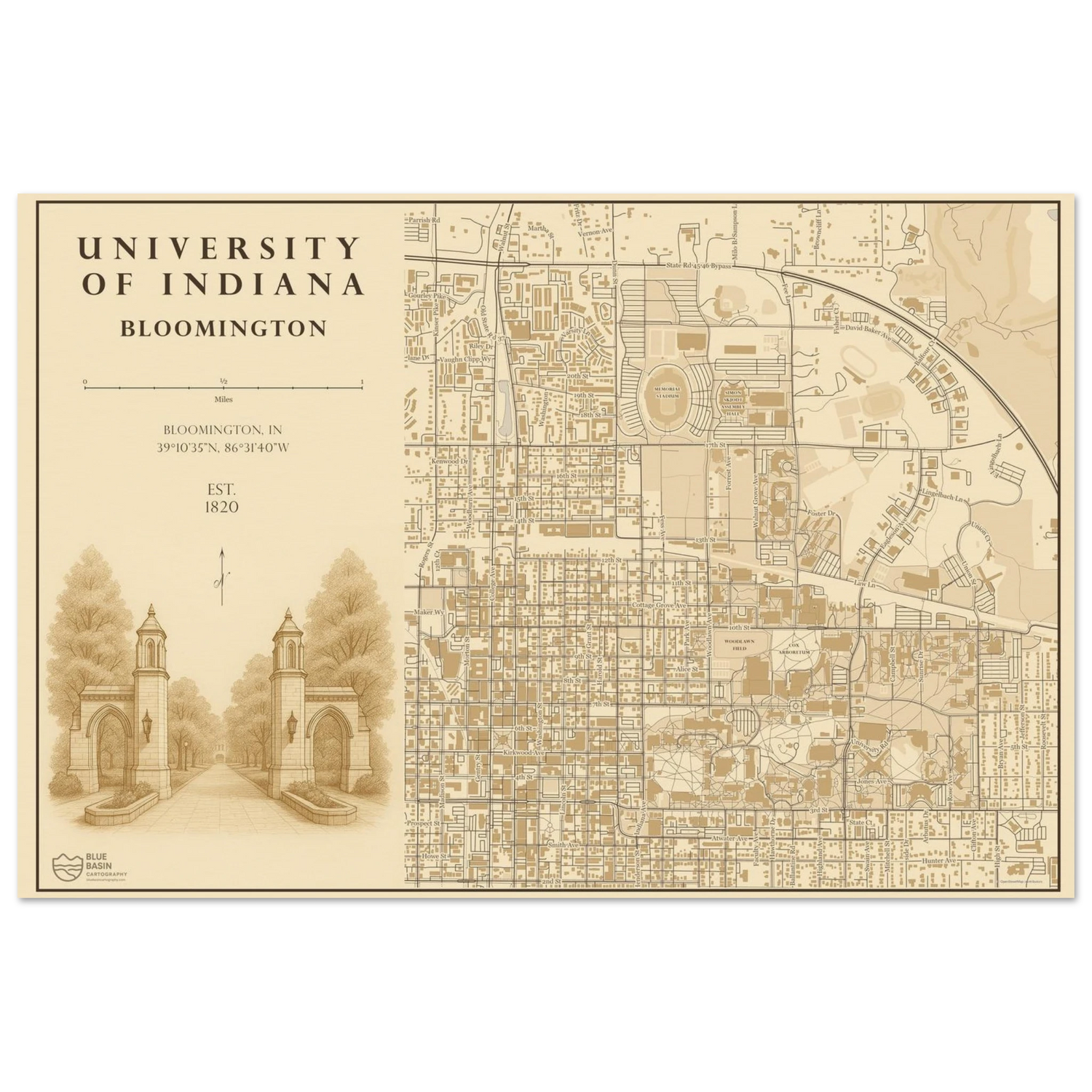 Indiana University alumni map art print in vintage ink style