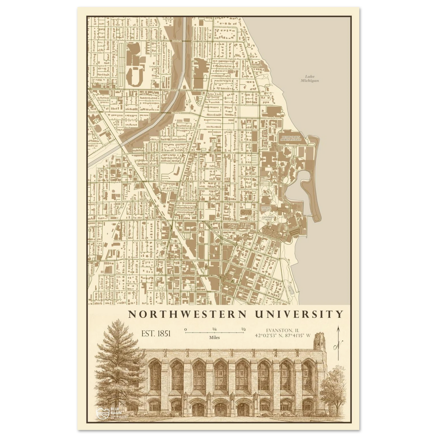 Northwestern University alumni map art print in vintage ink style