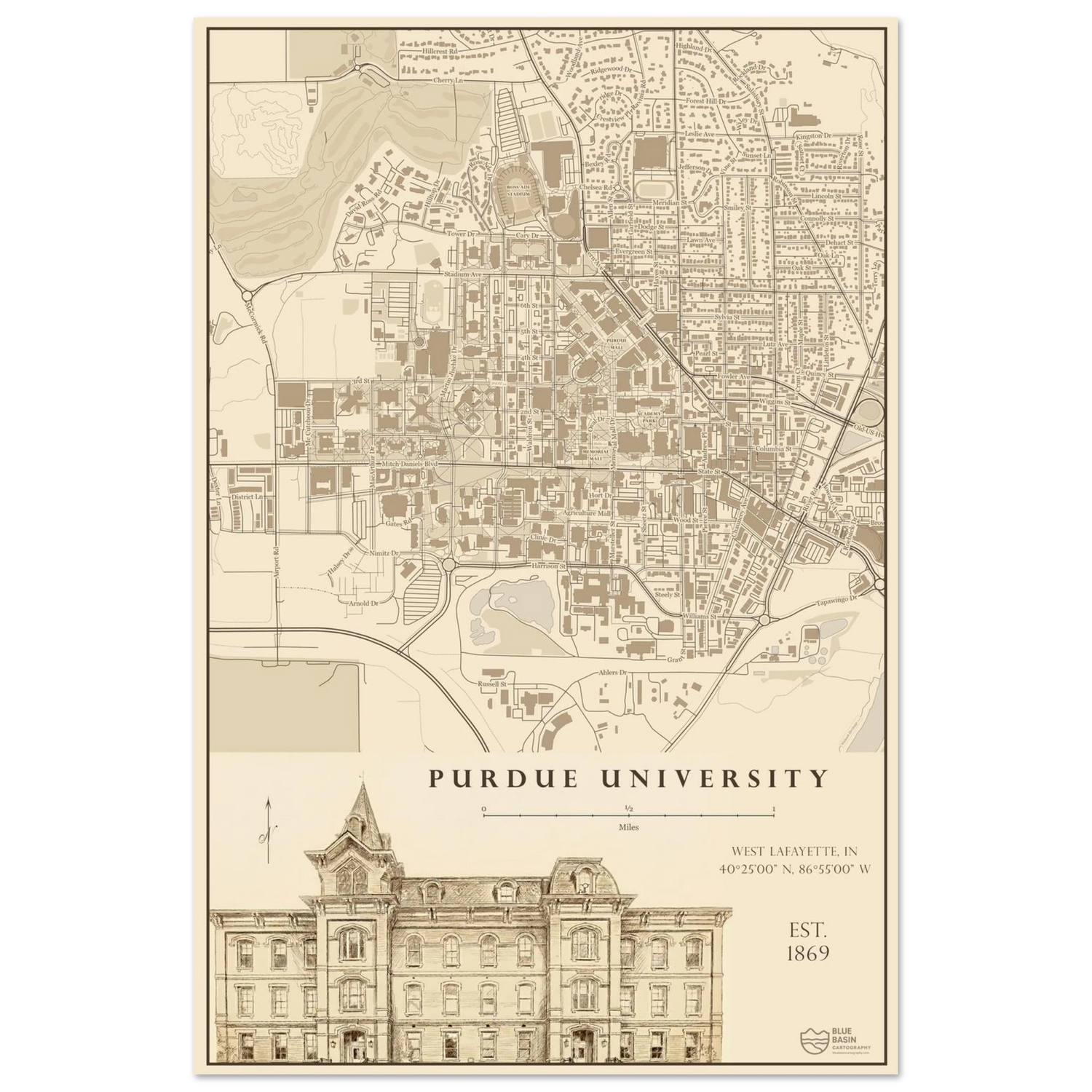 Purdue University alumni map art print in vintage ink style