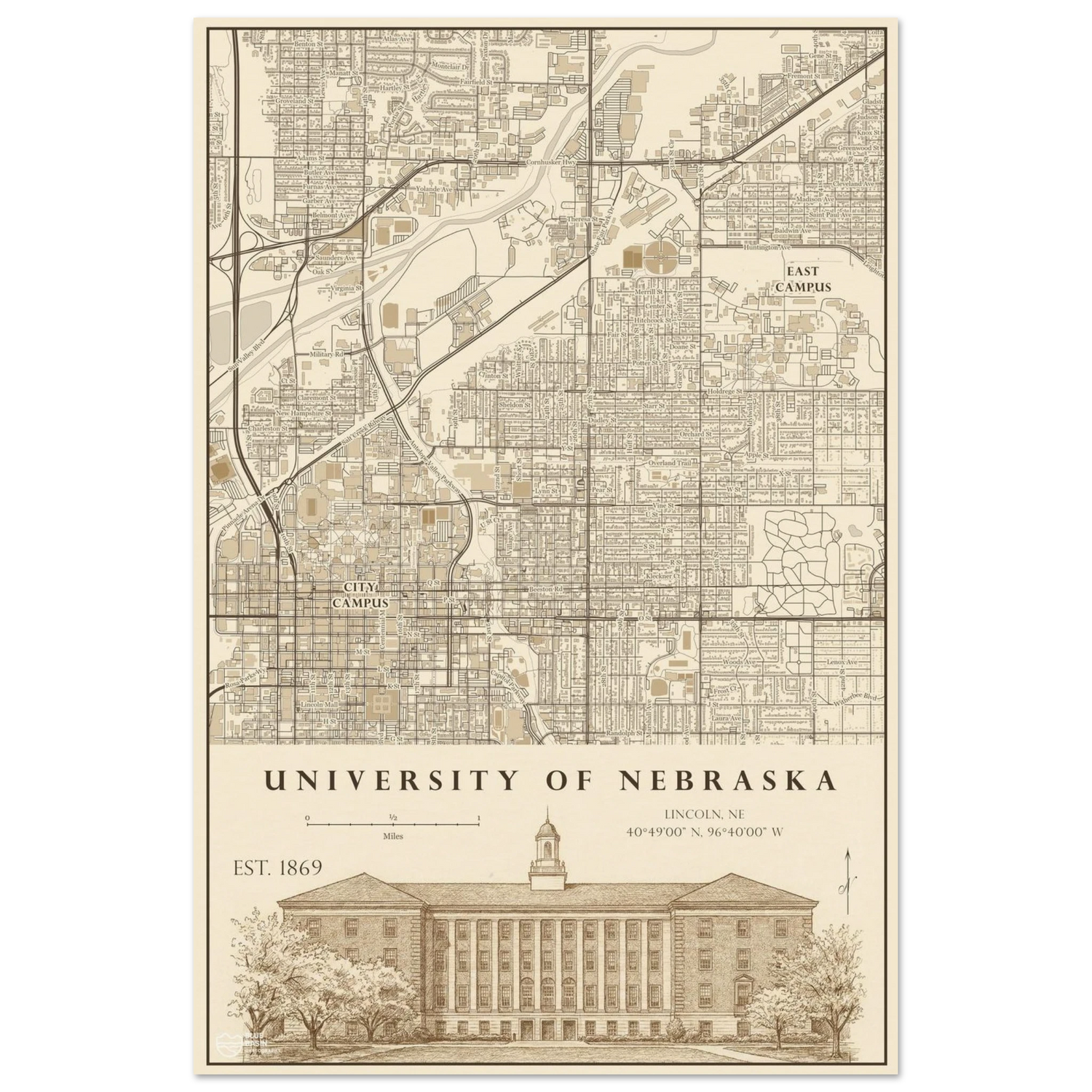 University of Nebraska alumni map art print in vintage ink style