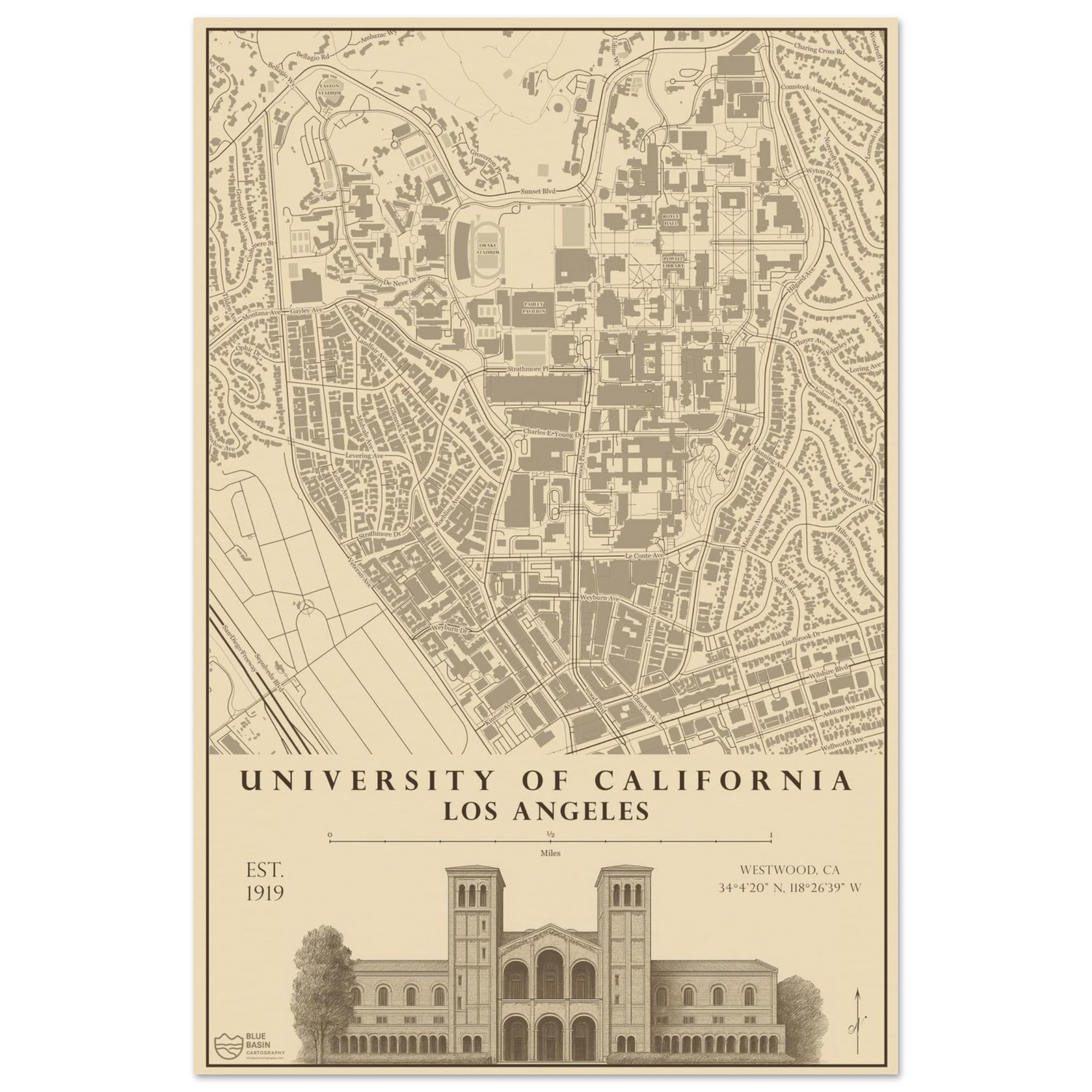 UCLA alumni map art print in vintage ink style