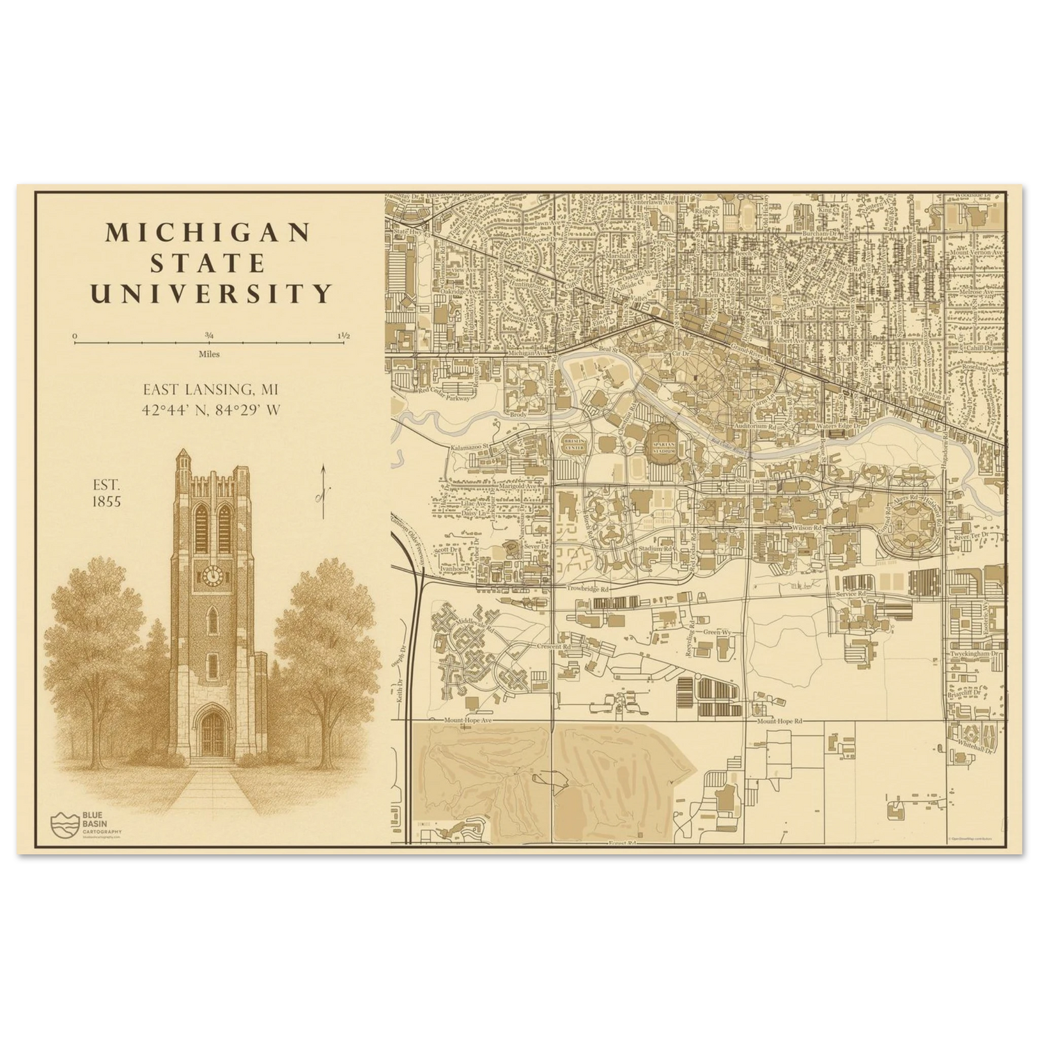 Michigan State University alumni map art print in vintage ink style