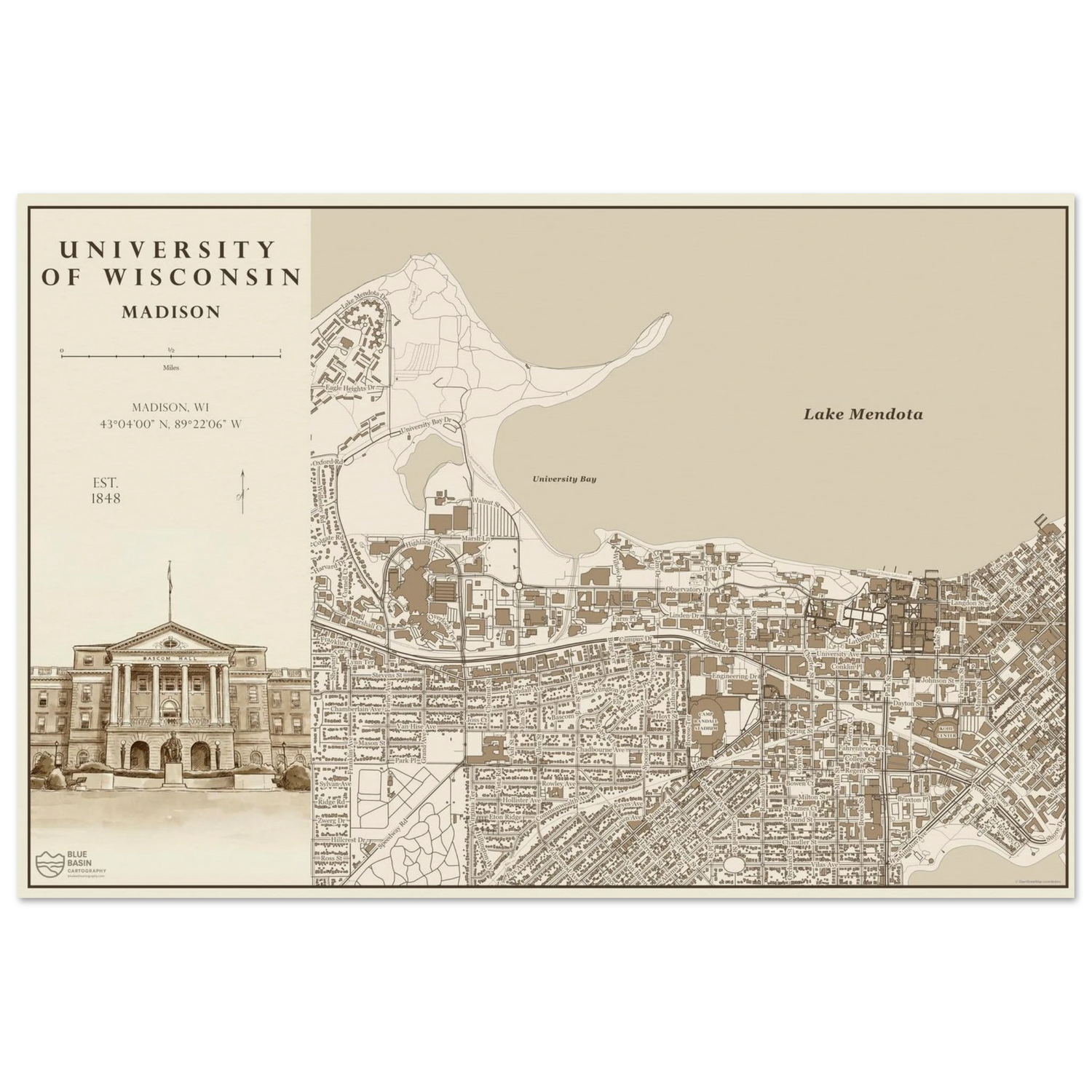 University of Wisconsin alumni map art print in vintage ink style
