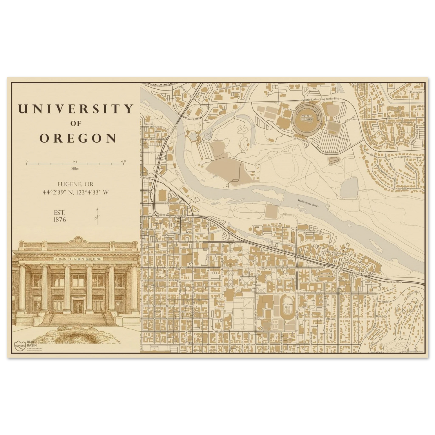University of Oregon alumni map art print in vintage ink style
