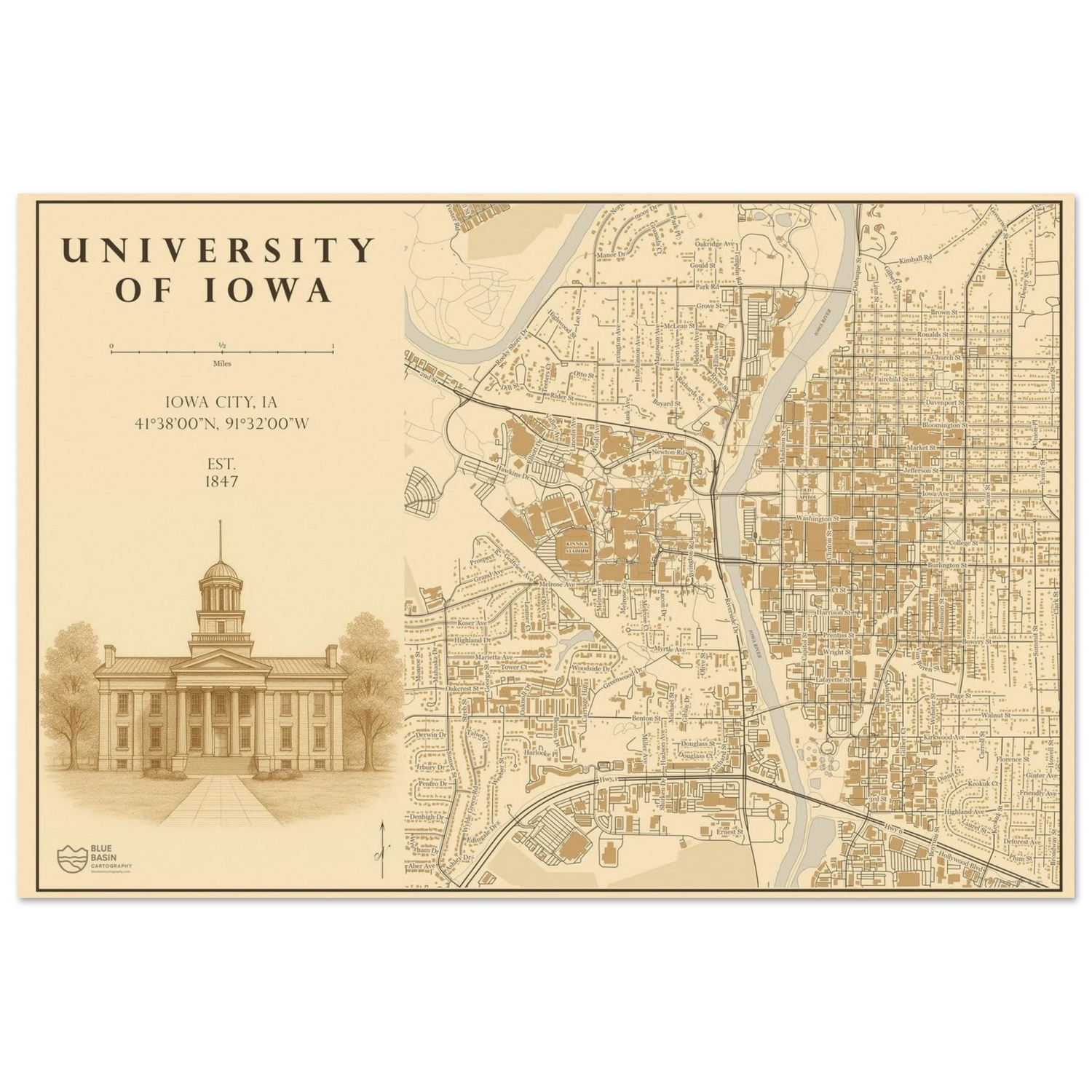 University of Iowa alumni map art print in vintage ink style