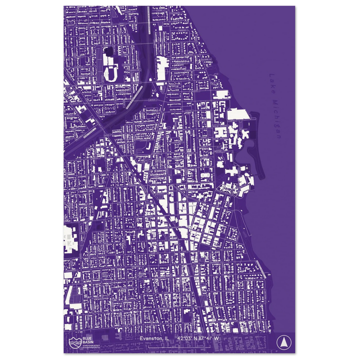 Campus map print of Northwestern University in Evanston, IL