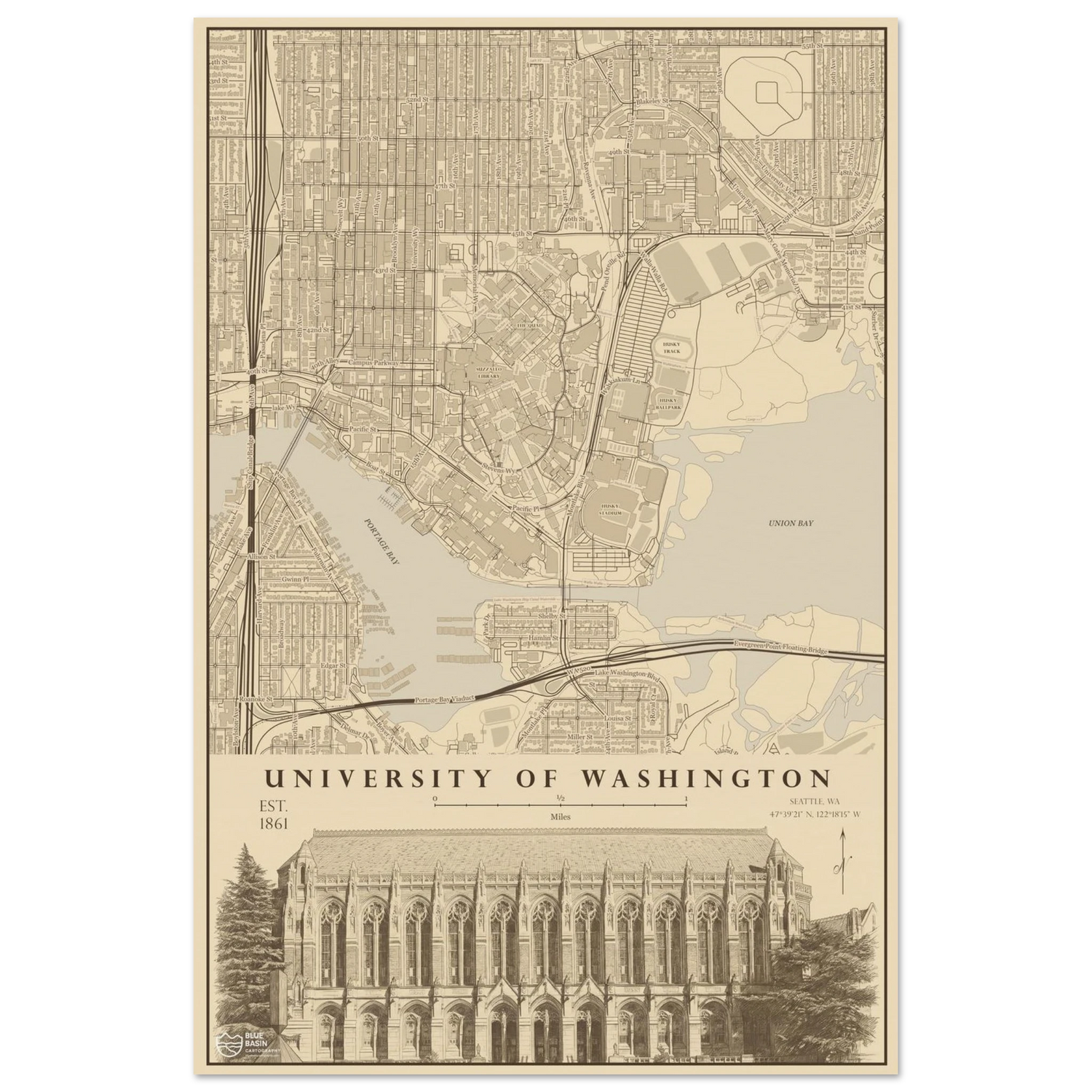 University of Washington alumni map art print in vintage ink style