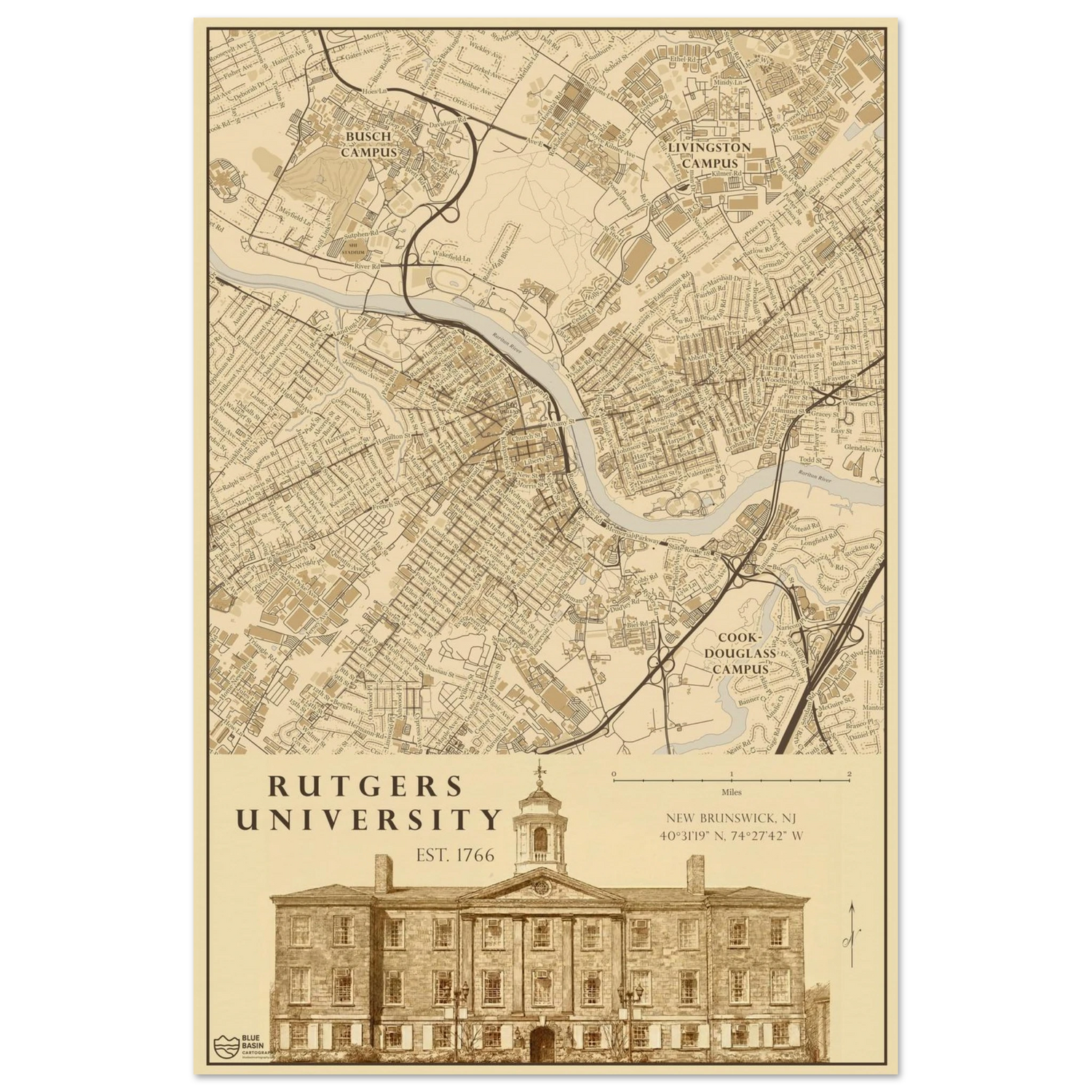 Rutgers University alumni map art print in vintage ink style