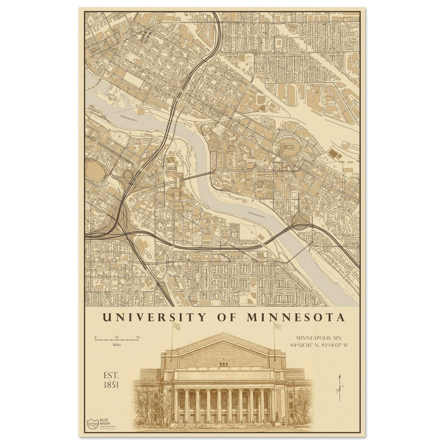 University of Minnesota alumni map art print in vintage ink style