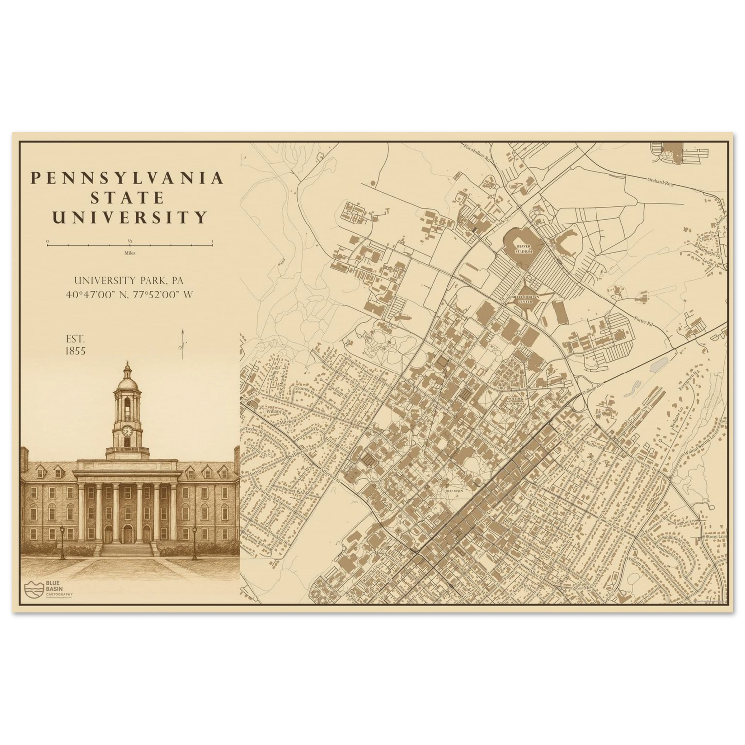 Penn State alumni map art print in vintage ink style