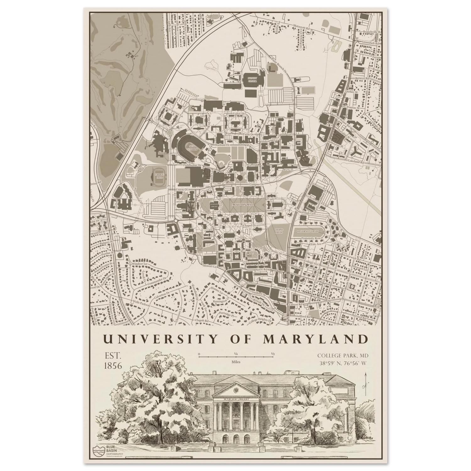 University of Maryland alumni map art print in vintage ink style