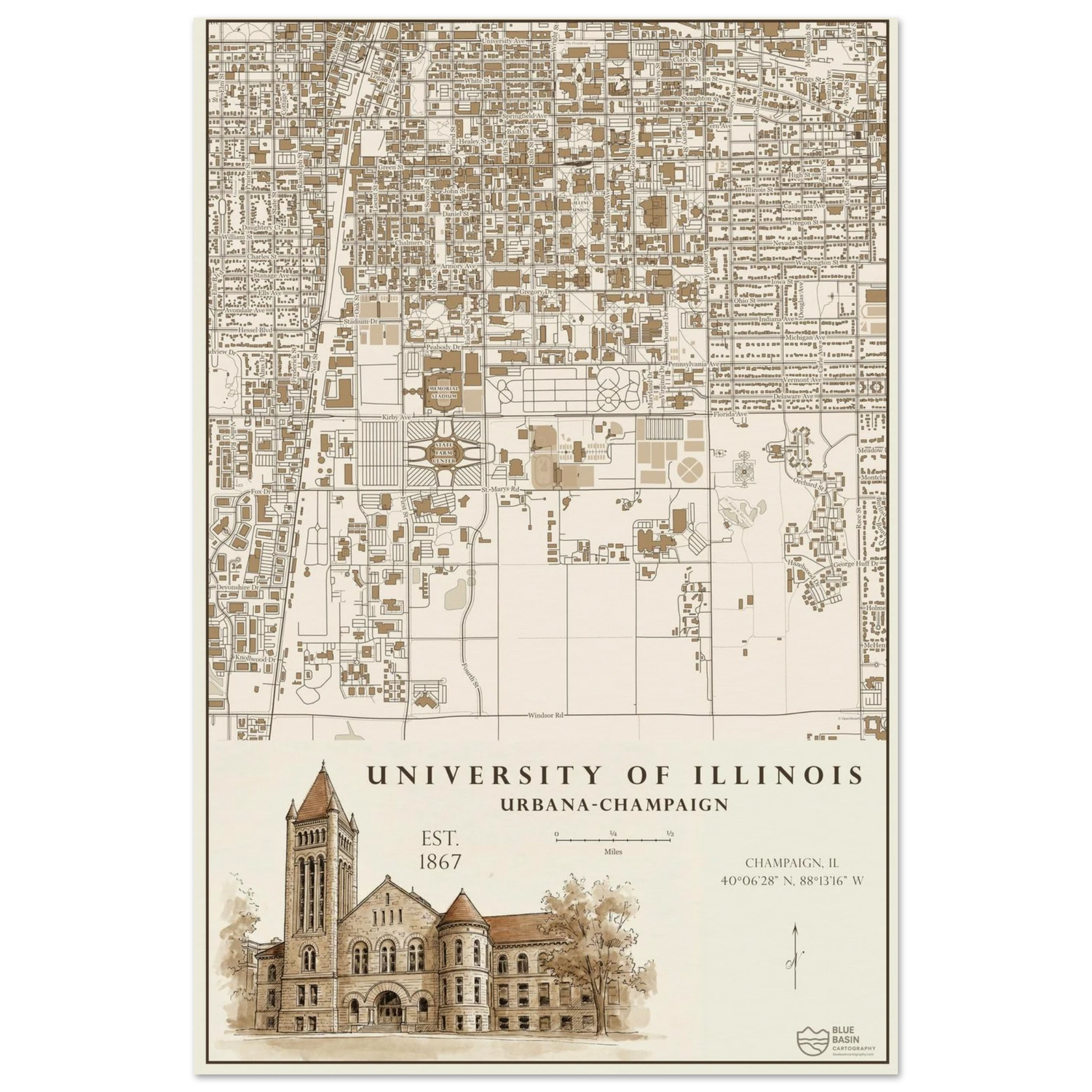 University of Illinois alumni map art print in vintage ink style